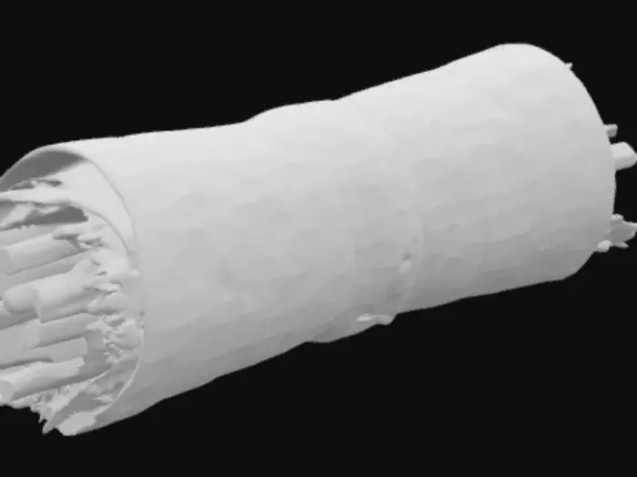 3D model for A robust 3D model of a double-wrapped kebab roll features a golden-brown tortilla, visibly charred with distinct grilled stripes across its surface. The tightly rolled form hints at its substantial contents. Peeking from the ends, the interior reveals savory, thinly sliced kebab meat intertwined with golden, crispy french fries. The tortilla's texture appears warm and pliable, contrasting with the firmer, seasoned meat and the distinct, rough-cut yet crisp fries, creating a rich visual and tactile blend.