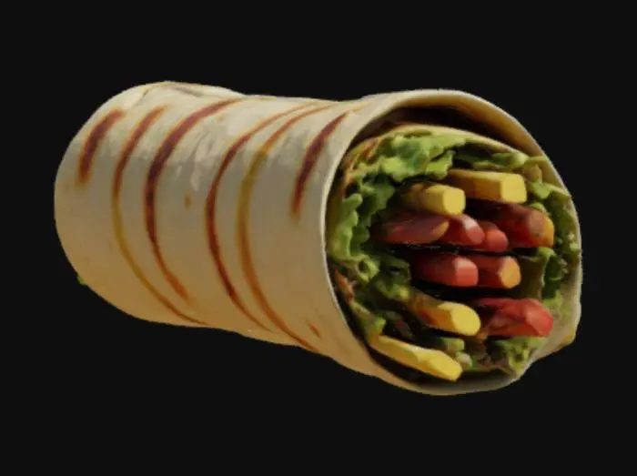 3D model for A robust 3D model of a double-wrapped kebab roll features a golden-brown tortilla, visibly charred with distinct grilled stripes across its surface. The tightly rolled form hints at its substantial contents. Peeking from the ends, the interior reveals savory, thinly sliced kebab meat intertwined with golden, crispy french fries. The tortilla's texture appears warm and pliable, contrasting with the firmer, seasoned meat and the distinct, rough-cut yet crisp fries, creating a rich visual and tactile blend.