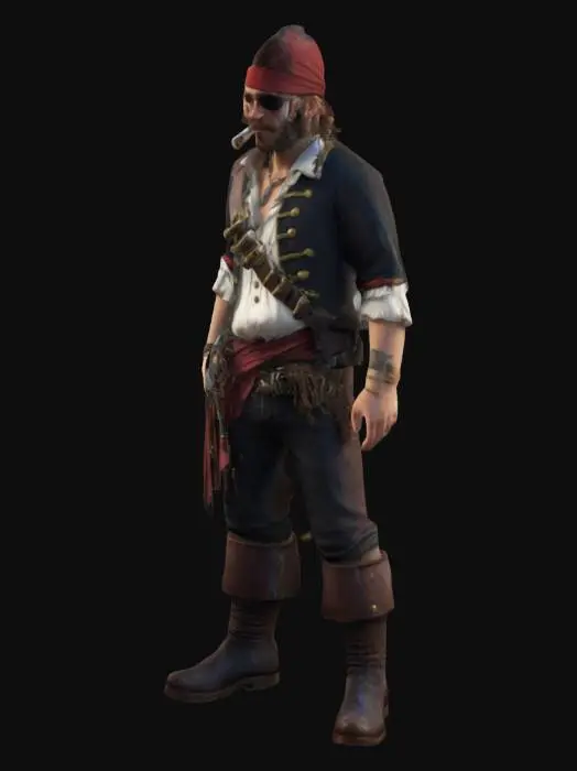 3D model for Millennial hipster pirate with a peg leg, smoking a vape, too cool for the pirate ship, photorealistic, ultra-poly, suitable for integration into UE5
