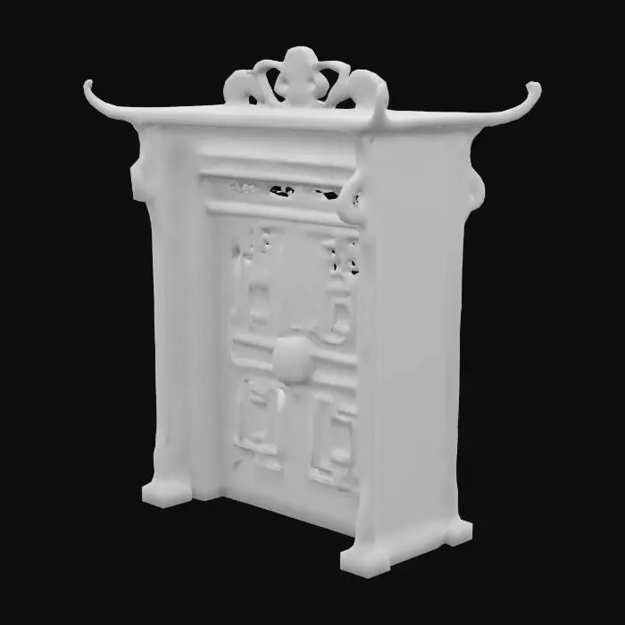 3D model for      高精度3D模型，桃木门，中国传统风格，精细雕花，复古门把手，明显的钥匙孔，木质纹理清晰，低聚风格，PBR材质，独立物体，透明背景，适合游戏引擎导入，完整UV贴图