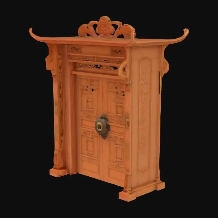 3D model for      高精度3D模型，桃木门，中国传统风格，精细雕花，复古门把手，明显的钥匙孔，木质纹理清晰，低聚风格，PBR材质，独立物体，透明背景，适合游戏引擎导入，完整UV贴图