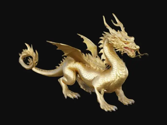 3D model for A majestic Korean-style dragon mount, slender body, golden scales, gracefully curved horns, flowing mane, whiskers, detailed ancient Asian ornamentation, fantasy MMORPG style, suitable for riding.