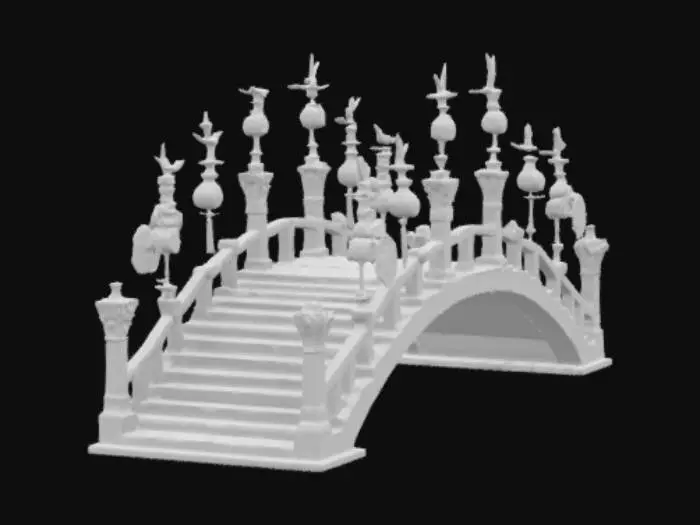 3D model for A semi-realistic stylized Japanese taiko bashi bridge, fully visible from end to end, with a continuous arched stairway. The bridge is made of red-painted wood, featuring carved dragon finials, ornate curved railings, and hanging ritual lanterns. Sacred shimenawa ropes with paper talismans are draped near the ends. The base is completely flat with no support pillars, designed to sit directly on terrain. No environment or background — only the clean bridge structure, ideal for cinematic 3D use.