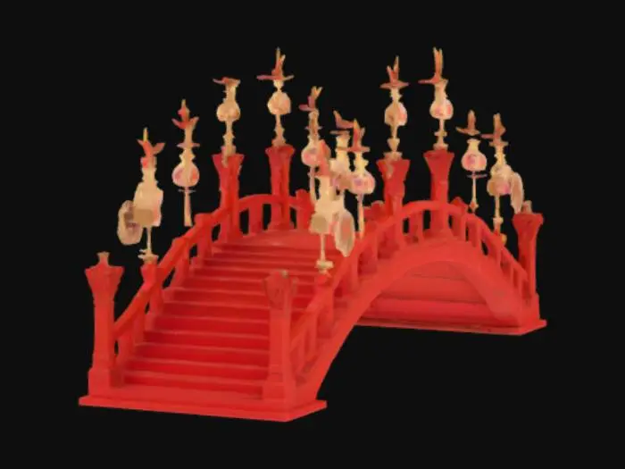 3D model for A semi-realistic stylized Japanese taiko bashi bridge, fully visible from end to end, with a continuous arched stairway. The bridge is made of red-painted wood, featuring carved dragon finials, ornate curved railings, and hanging ritual lanterns. Sacred shimenawa ropes with paper talismans are draped near the ends. The base is completely flat with no support pillars, designed to sit directly on terrain. No environment or background — only the clean bridge structure, ideal for cinematic 3D use.