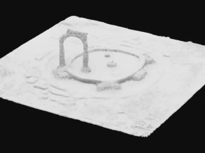 3D model for Create a massive ancient elven druidic temple in ruins, with towering moss-covered stone pillars, broken archways, and a partially collapsed roof. Large twisted trees grow through the structure, with roots wrapped around walls and columns. The temple is adorned with glowing green runes, magical carvings, and a central crystal altar. Include staircases, overgrown vines, and floral elements that blend nature and architecture. The style is semi-realistic 3D stylized, full of detail and grandeur.