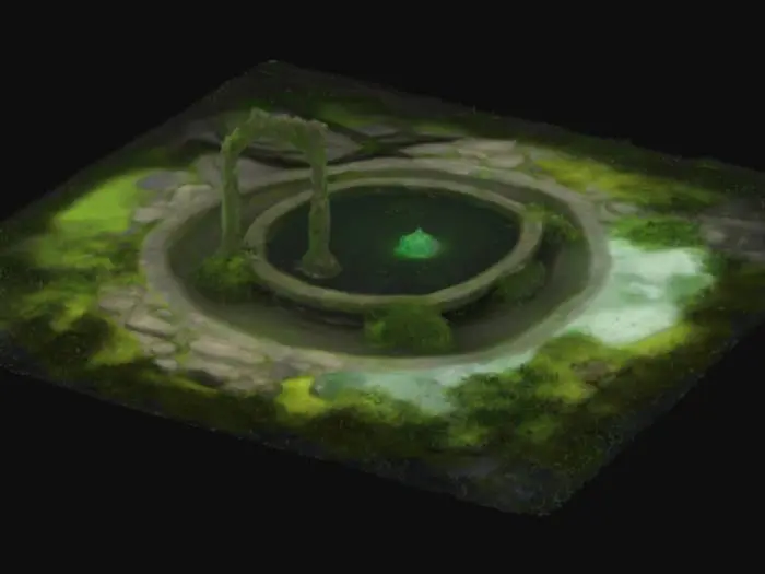 3D model for Create a massive ancient elven druidic temple in ruins, with towering moss-covered stone pillars, broken archways, and a partially collapsed roof. Large twisted trees grow through the structure, with roots wrapped around walls and columns. The temple is adorned with glowing green runes, magical carvings, and a central crystal altar. Include staircases, overgrown vines, and floral elements that blend nature and architecture. The style is semi-realistic 3D stylized, full of detail and grandeur.