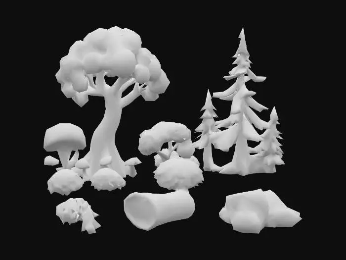 3D model for Generate a collection of stylized low-poly nature assets designed for games and VR. Include several variations of trees such as oak with round foliage, tall pine with sharp leaves, and whimsical fantasy glowing mushroom trees. Add natural props like bushes, grass clumps, rocks, and a simple cut tree log. All models should have clean low-poly geometry, vibrant flat-shaded colors, and a hand-painted stylized look. Keep polygon count optimized for Unity, Unreal, and Roblox. Assets must share the same cohesive art style for use in one scene. Export formats: FBX, OBJ, GLB for game engines, and STL for 3D printing. Models should be consistent, game-ready, and appealing for casual or fantasy environments.