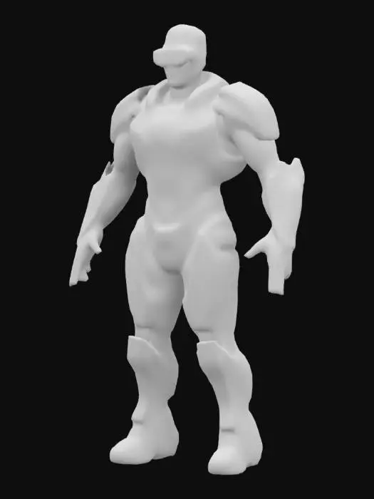 3D model for Cyberpunk-stylized male enforcer, clad in sleek advanced armor. Integrated AR goggles, embedded neural chips, high-tech weaponry. White and electric blue color scheme, glowing accents, Genesis AI insignia. Clean lines, authoritative stance, embodying order and control.