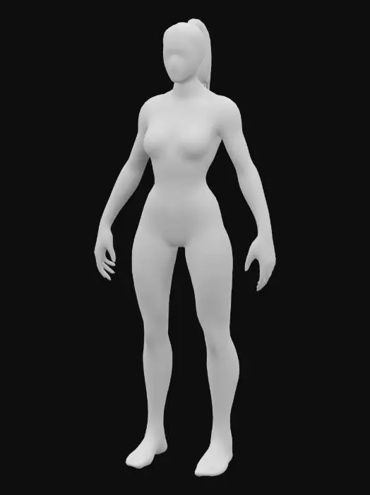 3D model for Cyberpunk-stylized female mediator, harmonizing organic and technological aesthetics. Form-fitting adaptive armor, integrated monitoring tools, emblems of unity. Soft blue pastel glows, gentle holographic patterns, calm and composed presence, representing the bridge between humans and AI. No weapons or objects in hands.