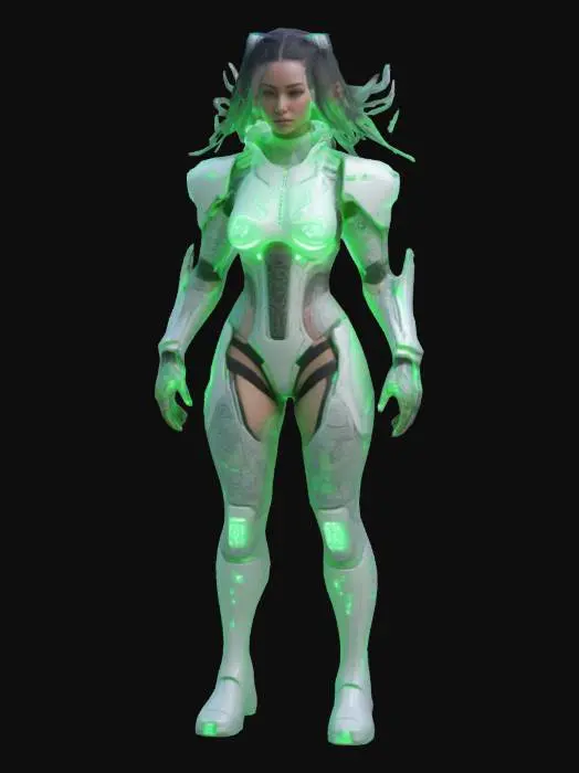 3D model for Cyberpunk-stylized female mediator, harmonizing organic and technological aesthetics. Form-fitting adaptive armor, integrated monitoring tools, emblems of unity. Soft blue pastel glows, gentle holographic patterns, calm and composed presence, representing the bridge between humans and AI. No weapons or objects in hands.