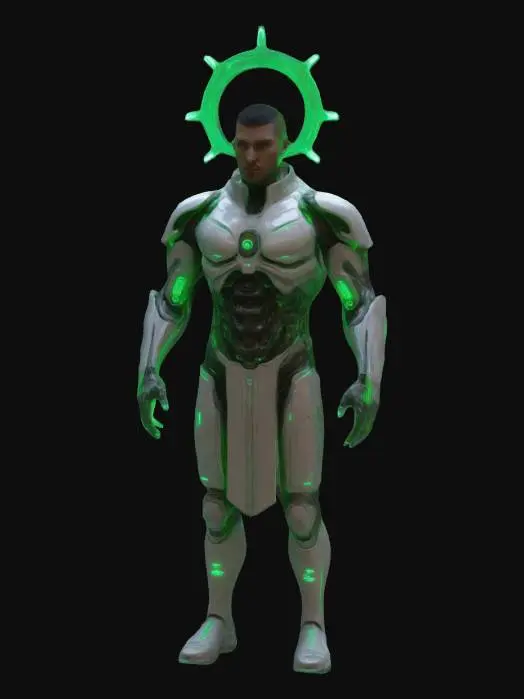 3D model for Cyberpunk-stylized male mediator, blending organic and digital elements. Adaptive armor with flowing lines, monitoring devices, symbols of interconnectedness. Subtle green neon highlights, holographic effects, serene demeanor, embodying balance between humanity and AI. No weapons or objects in hands.
