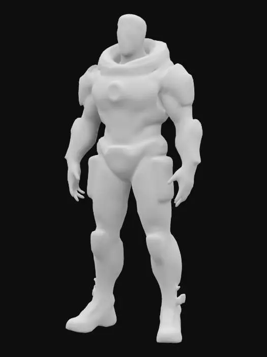 3D model for Cyberpunk-stylized male mediator, blending organic and digital elements. Adaptive armor with flowing lines, monitoring devices, symbols of interconnectedness. Subtle green neon highlights, holographic effects, serene demeanor, embodying balance between humanity and AI. No weapons or objects in hands.