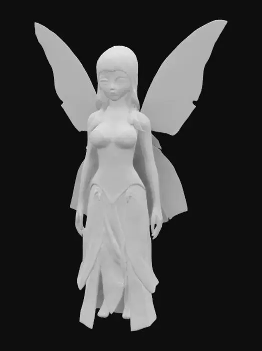 3D model for O zână cu parul blond, cu breton, îmbrăcată intr-o rochie verde cu auriu, trunchi îngust, piept mare, fund mare, aripi colorate, ochi albaștri.