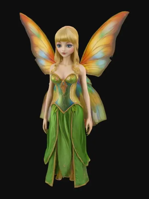 3D model for O zână cu parul blond, cu breton, îmbrăcată intr-o rochie verde cu auriu, trunchi îngust, piept mare, fund mare, aripi colorate, ochi albaștri.