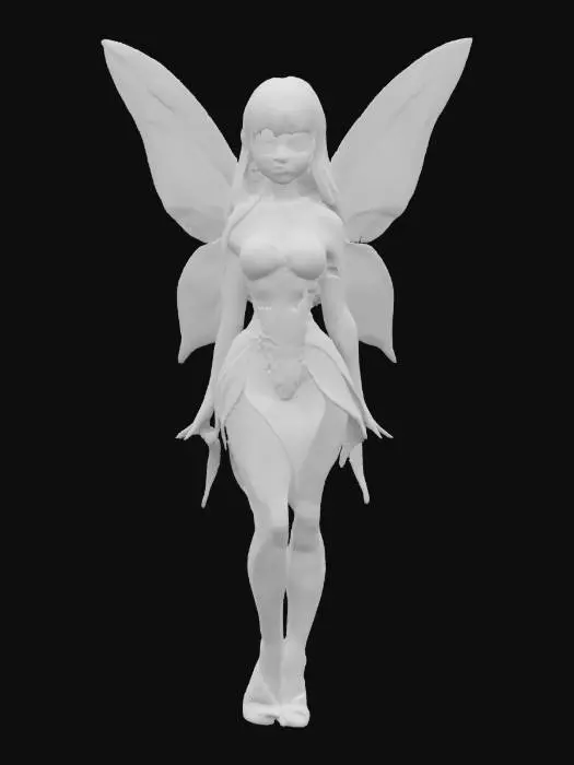 3D model for O zână cu parul blond, cu breton, îmbrăcată intr-o rochie verde cu auriu, trunchi îngust, piept mare, fund mare, aripi colorate, ochi albaștri.