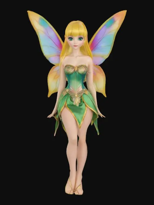 3D model for O zână cu parul blond, cu breton, îmbrăcată intr-o rochie verde cu auriu, trunchi îngust, piept mare, fund mare, aripi colorate, ochi albaștri.