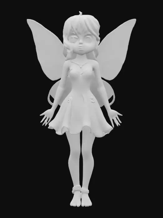 3D model for O zână cu parul blond, cu breton, îmbrăcată intr-o rochie verde cu auriu, trunchi îngust, piept mare, fund mare, aripi colorate, ochi albaștri.