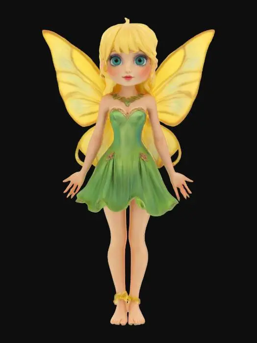 3D model for O zână cu parul blond, cu breton, îmbrăcată intr-o rochie verde cu auriu, trunchi îngust, piept mare, fund mare, aripi colorate, ochi albaștri.