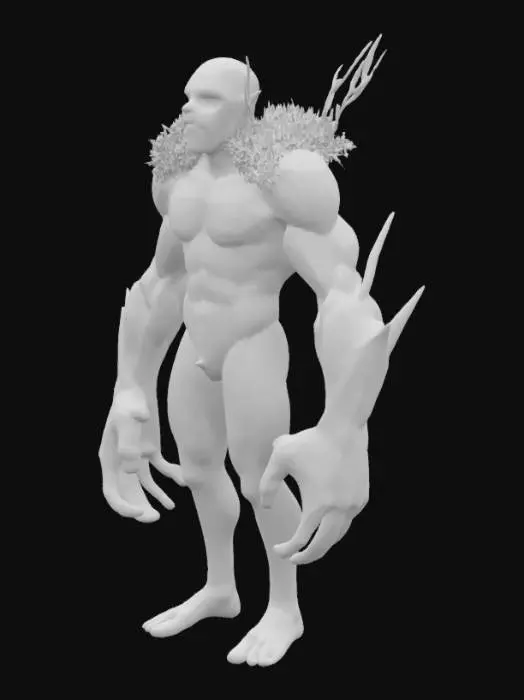 3D model for Semi-realistic 3D stylized water elemental golem in A-pose. Floating limbs, no contact between arms or legs. Muscular humanoid made of flowing water with glowing eyes, moss and small plants on shoulders and joints. No base, no shadows, white background. Suitable for animation and rigging.