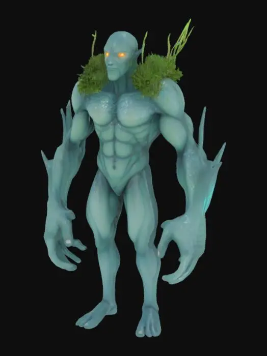3D model for Semi-realistic 3D stylized water elemental golem in A-pose. Floating limbs, no contact between arms or legs. Muscular humanoid made of flowing water with glowing eyes, moss and small plants on shoulders and joints. No base, no shadows, white background. Suitable for animation and rigging.