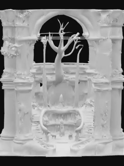 3D model for Create a massive ancient elven druidic temple in ruins, with towering moss-covered stone pillars, broken archways, and a partially collapsed roof. Large twisted trees grow through the structure, with roots wrapped around walls and columns. The temple is adorned with glowing green runes, magical carvings, and a central crystal altar. Include staircases, overgrown vines, and floral elements that blend nature and architecture. The style is semi-realistic 3D stylized, full of detail and grandeur.