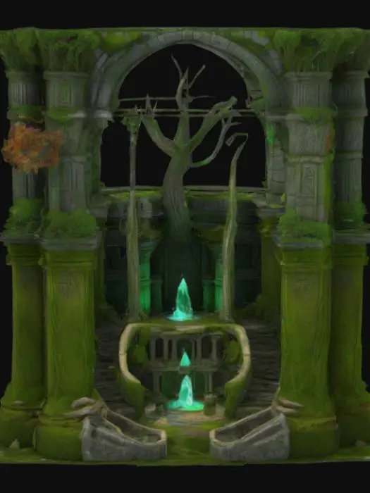 3D model for Create a massive ancient elven druidic temple in ruins, with towering moss-covered stone pillars, broken archways, and a partially collapsed roof. Large twisted trees grow through the structure, with roots wrapped around walls and columns. The temple is adorned with glowing green runes, magical carvings, and a central crystal altar. Include staircases, overgrown vines, and floral elements that blend nature and architecture. The style is semi-realistic 3D stylized, full of detail and grandeur.