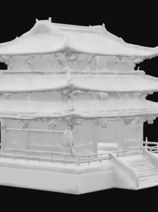3D model for A semi-realistic stylized ancient Japanese Shinto temple with a multi-tiered curved roof, wooden facade with engraved carvings, sacred ropes and hanging lanterns. The structure stands on a raised stone base with wide stairs leading to the entrance. Include mystical symbols and a spiritual aura. The design should be majestic, symmetrical, and suitable for a fantasy environment. Balanced realism with stylized proportions, clear contours for clean 3D geometry.