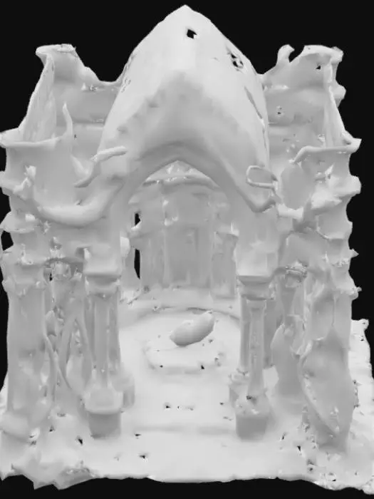 3D model for Create a massive ancient elven druidic temple in ruins, with towering moss-covered stone pillars, broken archways, and a partially collapsed roof. Large twisted trees grow through the structure, with roots wrapped around walls and columns. The temple is adorned with glowing green runes, magical carvings, and a central crystal altar. Include staircases, overgrown vines, and floral elements that blend nature and architecture. The style is semi-realistic 3D stylized, full of detail and grandeur.