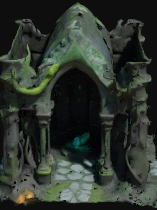 3D model for Create a massive ancient elven druidic temple in ruins, with towering moss-covered stone pillars, broken archways, and a partially collapsed roof. Large twisted trees grow through the structure, with roots wrapped around walls and columns. The temple is adorned with glowing green runes, magical carvings, and a central crystal altar. Include staircases, overgrown vines, and floral elements that blend nature and architecture. The style is semi-realistic 3D stylized, full of detail and grandeur.