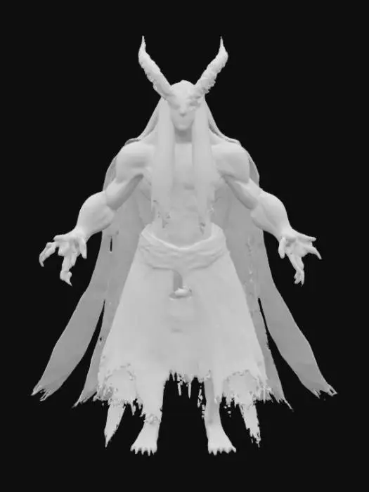 3D model for [Romania] A towering supernatural dracul guardian standing in a perfect floating A-pose, with twisted black horns, pale marble-like skin, and long dark crimson hair flowing wildly. His body is wrapped in an ancient tattered cloak adorned with Transylvanian sigils and protective runes, partially covered in moss and glowing cracks. Fiery crimson eyes pierce the mist, with clawed hands extended slightly from his body. Designed in a semi-realistic 3D stylized style, representing the mystical legends of Romania, crafted for 3D modeling and animation workflows., #AroundTheWorld#