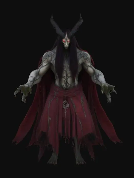 3D model for [Romania] A towering supernatural dracul guardian standing in a perfect floating A-pose, with twisted black horns, pale marble-like skin, and long dark crimson hair flowing wildly. His body is wrapped in an ancient tattered cloak adorned with Transylvanian sigils and protective runes, partially covered in moss and glowing cracks. Fiery crimson eyes pierce the mist, with clawed hands extended slightly from his body. Designed in a semi-realistic 3D stylized style, representing the mystical legends of Romania, crafted for 3D modeling and animation workflows., #AroundTheWorld#