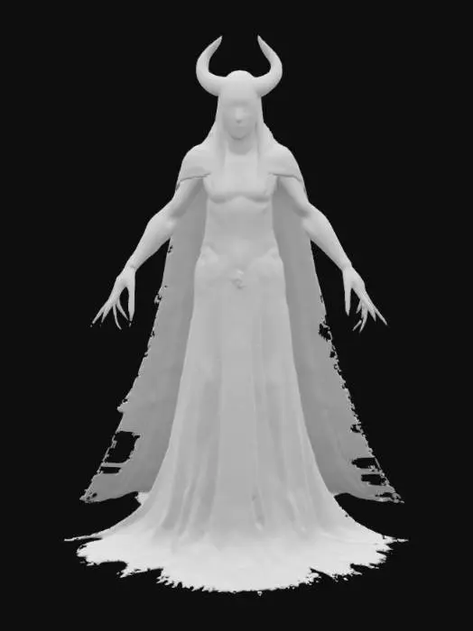 3D model for [Romania] A towering supernatural dracul guardian standing in a perfect floating A-pose, with twisted black horns, pale marble-like skin, and long dark crimson hair flowing wildly. His body is wrapped in an ancient tattered cloak adorned with Transylvanian sigils and protective runes, partially covered in moss and glowing cracks. Fiery crimson eyes pierce the mist, with clawed hands extended slightly from his body. Designed in a semi-realistic 3D stylized style, representing the mystical legends of Romania, crafted for 3D modeling and animation workflows., #AroundTheWorld#