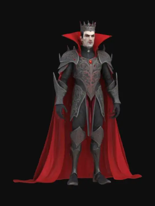 3D model for [Romania] A semi-realistic 3D stylized model of Dracula, the legendary vampire lord from Romania, wearing an ornate black and crimson armor with intricate gothic engravings, a flowing blood-red cape, and a regal silver crown. His pale skin glows faintly under his raven-black hair, and his piercing red eyes shine with an otherworldly intensity. Long sharp fangs protrude from a subtle smirk. His posture is commanding and aristocratic, embodying the ancient darkness of Transylvania. Designed for 3D modeling and animation workflows, highly detailed and ready for rigging.
, #AroundTheWorld#