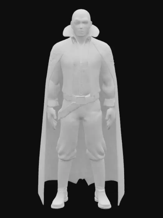 3D model for [Romania] A semi-realistic 3D stylized model of a friendly humanoid vampire inspired by Dracula, wearing a traditional Romanian costume. He has pale skin, gentle red glowing eyes, and a warm smile, with short dark hair and a slightly elongated silhouette. He wears a finely embroidered white "ie" shirt with intricate black and red patterns, paired with a black traditional vest and wide fabric belt around his waist. His trousers are simple and white, tucked into black leather boots. His cape is short and elegant, decorated subtly with mystical runes. The overall design feels welcoming and folkloric, ready for 3D modeling and animation workflows. , #AroundTheWorld#