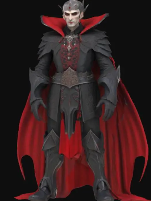 3D model for [Romania] A semi-realistic 3D stylized model of Dracula, the legendary vampire lord from Romania, wearing an ornate black and crimson armor with intricate gothic engravings, a flowing blood-red cape, and a regal silver crown. His pale skin glows faintly under his raven-black hair, and his piercing red eyes shine with an otherworldly intensity. Long sharp fangs protrude from a subtle smirk. His posture is commanding and aristocratic, embodying the ancient darkness of Transylvania. Designed for 3D modeling and animation workflows, highly detailed and ready for rigging.
, #AroundTheWorld#