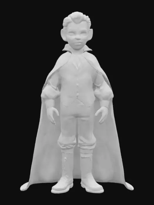 3D model for [Romania] A semi-realistic 3D stylized model of a friendly humanoid vampire inspired by Dracula, wearing a traditional Romanian costume. He has pale skin, gentle red glowing eyes, and a warm smile, with short dark hair and a slightly elongated silhouette. He wears a finely embroidered white "ie" shirt with intricate black and red patterns, paired with a black traditional vest and wide fabric belt around his waist. His trousers are simple and white, tucked into black leather boots. His cape is short and elegant, decorated subtly with mystical runes. The overall design feels welcoming and folkloric, ready for 3D modeling and animation workflows. , #AroundTheWorld#