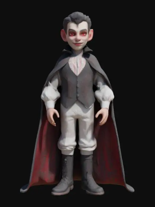 3D model for [Romania] A semi-realistic 3D stylized model of a friendly humanoid vampire inspired by Dracula, wearing a traditional Romanian costume. He has pale skin, gentle red glowing eyes, and a warm smile, with short dark hair and a slightly elongated silhouette. He wears a finely embroidered white "ie" shirt with intricate black and red patterns, paired with a black traditional vest and wide fabric belt around his waist. His trousers are simple and white, tucked into black leather boots. His cape is short and elegant, decorated subtly with mystical runes. The overall design feels welcoming and folkloric, ready for 3D modeling and animation workflows. , #AroundTheWorld#