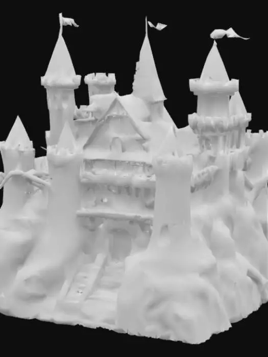 3D model for [Romania] A semi-realistic 3D stylized model of the Bran Castle, constructed from aged, weathered stone and ancient wood, with parts of the structure partially covered in green moss and mystical glowing runes. Some towers and walls of the castle float slightly above the ground, connected by twisting magical roots and shimmering ethereal lights. The flags atop the towers wave gently with a faint blue ghostly glow. The overall design feels enchanted yet ancient, preserving historical architecture while adding a surreal fantasy twist, ready for 3D modeling and animation workflows. , #AroundTheWorld#