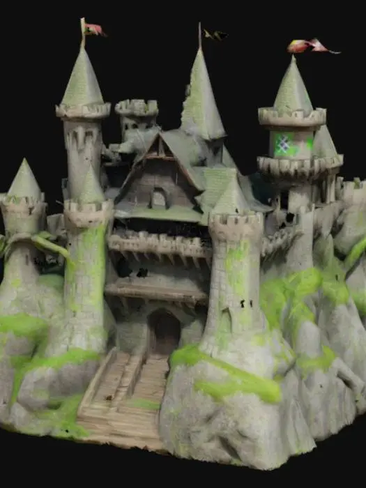 3D model for [Romania] A semi-realistic 3D stylized model of the Bran Castle, constructed from aged, weathered stone and ancient wood, with parts of the structure partially covered in green moss and mystical glowing runes. Some towers and walls of the castle float slightly above the ground, connected by twisting magical roots and shimmering ethereal lights. The flags atop the towers wave gently with a faint blue ghostly glow. The overall design feels enchanted yet ancient, preserving historical architecture while adding a surreal fantasy twist, ready for 3D modeling and animation workflows. , #AroundTheWorld#