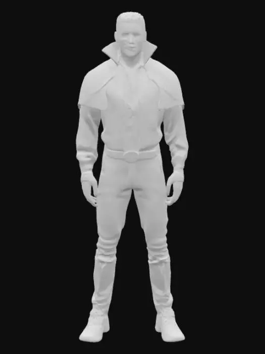3D model for [Romania] A semi-realistic 3D stylized model of a friendly humanoid vampire inspired by Dracula, wearing a traditional Romanian costume. He has pale skin, gentle red glowing eyes, and a warm smile, with short dark hair and a slightly elongated silhouette. He wears a finely embroidered white "ie" shirt with intricate black and red patterns, paired with a black traditional vest and wide fabric belt around his waist. His trousers are simple and white, tucked into black leather boots. His cape is short and elegant, decorated subtly with mystical runes. The overall design feels welcoming and folkloric, ready for 3D modeling and animation workflows. , #AroundTheWorld#