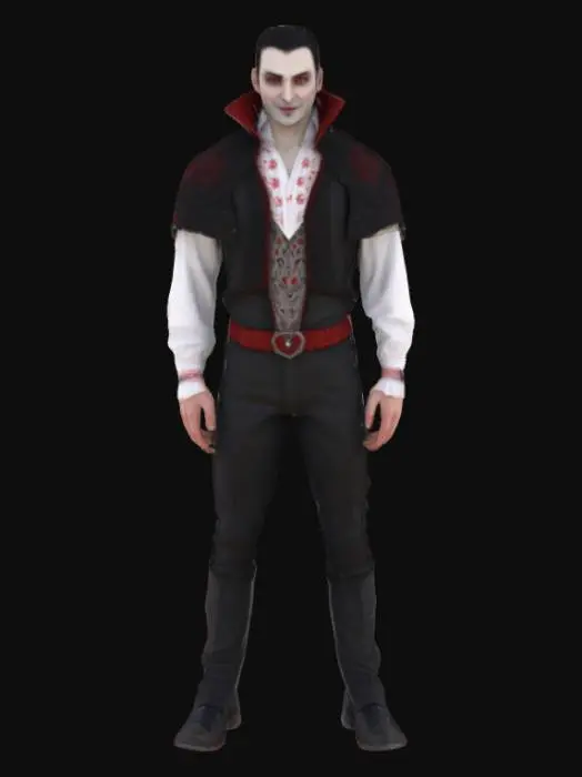 3D model for [Romania] A semi-realistic 3D stylized model of a friendly humanoid vampire inspired by Dracula, wearing a traditional Romanian costume. He has pale skin, gentle red glowing eyes, and a warm smile, with short dark hair and a slightly elongated silhouette. He wears a finely embroidered white "ie" shirt with intricate black and red patterns, paired with a black traditional vest and wide fabric belt around his waist. His trousers are simple and white, tucked into black leather boots. His cape is short and elegant, decorated subtly with mystical runes. The overall design feels welcoming and folkloric, ready for 3D modeling and animation workflows. , #AroundTheWorld#