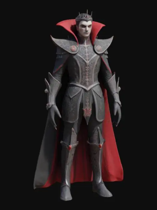 3D model for [Romania] A semi-realistic 3D stylized model of Dracula, the legendary vampire lord from Romania, wearing an ornate black and crimson armor with intricate gothic engravings, a flowing blood-red cape, and a regal silver crown. His pale skin glows faintly under his raven-black hair, and his piercing red eyes shine with an otherworldly intensity. Long sharp fangs protrude from a subtle smirk. His posture is commanding and aristocratic, embodying the ancient darkness of Transylvania. Designed for 3D modeling and animation workflows, highly detailed and ready for rigging.
, #AroundTheWorld#