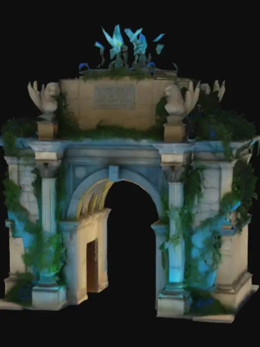 3D model for [Romania] A semi-realistic 3D stylized model of the Arch of Triumph in Bucharest, crafted from weathered limestone and covered in ancient moss and creeping magical vines. Mystical blue runes are carved into the stone surface, glowing softly as if enchanted. Small flowers bloom along the arches, and ethereal lights dance gently around the structure. The design blends historical architecture with a magical natural twist, creating an enchanted landmark that feels alive and timeless, ready for 3D modeling and animation workflows. , #AroundTheWorld#