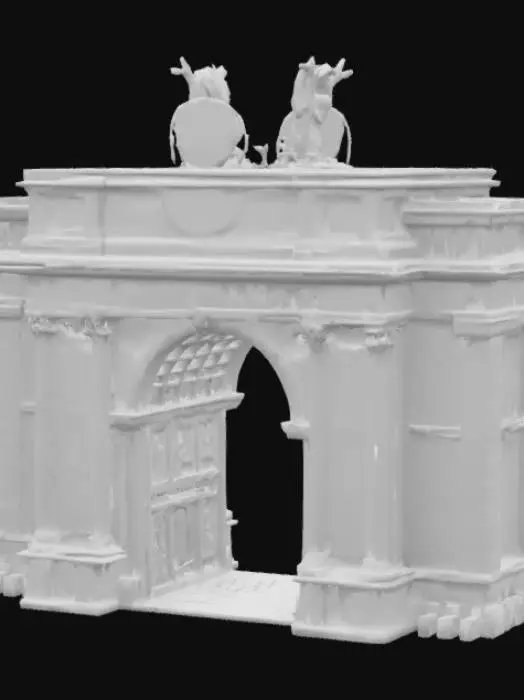 3D model for [Romania] A semi-realistic 3D stylized model of the Arch of Triumph in Bucharest, reimagined with a futuristic twist. The traditional limestone structure is integrated with subtle neon lights in blue and violet tones, highlighting the engraved details. Transparent panels and glowing runes adorn the monument, creating a harmonious blend of historical grandeur and cyber-fantasy elements. The scene is clean and focused on the structure, designed clearly for 3D modeling and animation workflows. , #AroundTheWorld#