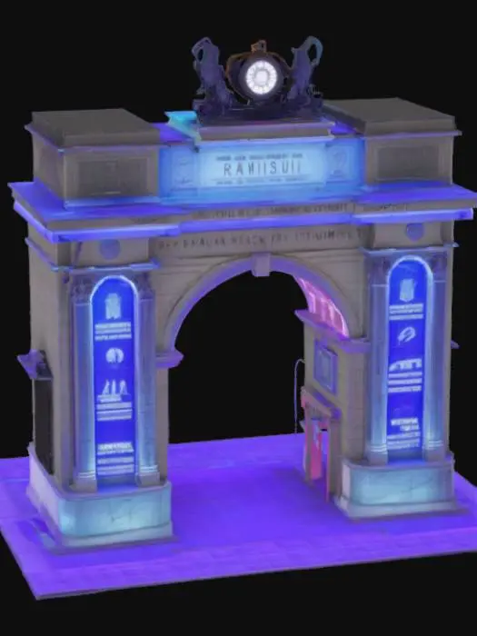 3D model for [Romania] A semi-realistic 3D stylized model of the Arch of Triumph in Bucharest, reimagined with a futuristic twist. The traditional limestone structure is integrated with subtle neon lights in blue and violet tones, highlighting the engraved details. Transparent panels and glowing runes adorn the monument, creating a harmonious blend of historical grandeur and cyber-fantasy elements. The scene is clean and focused on the structure, designed clearly for 3D modeling and animation workflows. , #AroundTheWorld#