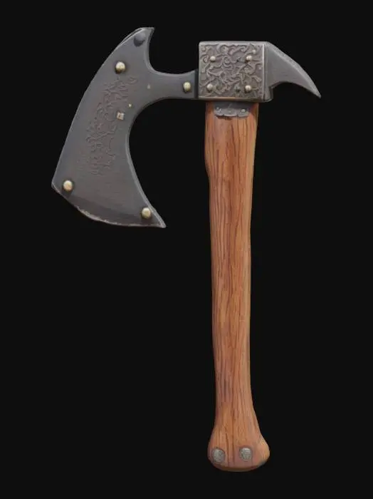 3D model for [Romania] Highly detailed Dacian battle axe, forged from darkened iron with heavy micro-scratches, small chipped edges, and realistic rust accents. The curved blade features a reinforced, slightly ornate socket, mounted on an aged oak wood handle with deep wood grain, splintered areas, and polished worn grip. The handle is medium-to-dark brown with slight blackened discolorations around the grip. Carved tribal markings optional.
Designed for high-poly, cinematic 3D models with full PBR texture sets (metalness, roughness, normal, AO maps). Inspired by Dacian archaeological artifacts and Viking axe craftsmanship, but with a thinner, more elegant silhouette. , #AroundTheWorld#