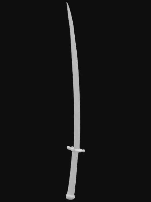 3D model for A long katana sword crafted in a semi-realistic 3D stylized fantasy oriental style, designed with a long, curved steel blade featuring a subtle hamon pattern and a polished, battle-worn surface. The tsuba (guard) is circular and made of aged brass, engraved with traditional motifs, and the grip is tightly wrapped in black leather with an intersecting diamond pattern, ending in a golden pommel with a ring for attachment. The sword is fully visible, in a vertical 3:4 scale format, centered on a plain white background with no shadows or reflections, ready for 3D modeling and animation workflows. The overall design is inspired by ancient Japanese katana craftsmanship with modern stylized detail, sharp contours, and clean edge flow.
