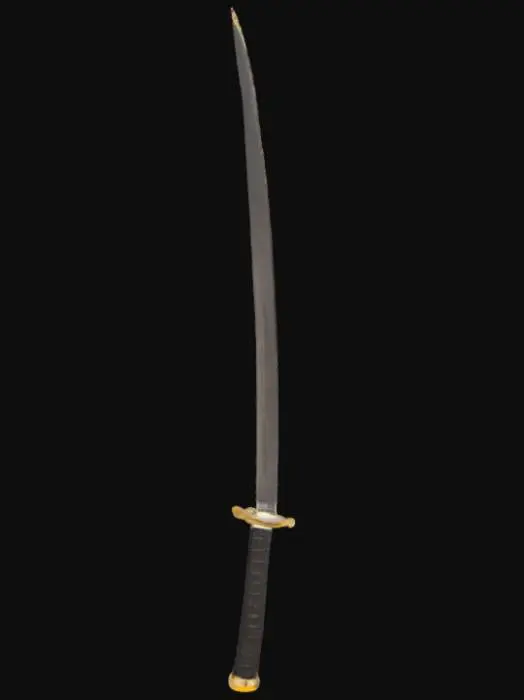 3D model for A long katana sword crafted in a semi-realistic 3D stylized fantasy oriental style, designed with a long, curved steel blade featuring a subtle hamon pattern and a polished, battle-worn surface. The tsuba (guard) is circular and made of aged brass, engraved with traditional motifs, and the grip is tightly wrapped in black leather with an intersecting diamond pattern, ending in a golden pommel with a ring for attachment. The sword is fully visible, in a vertical 3:4 scale format, centered on a plain white background with no shadows or reflections, ready for 3D modeling and animation workflows. The overall design is inspired by ancient Japanese katana craftsmanship with modern stylized detail, sharp contours, and clean edge flow.