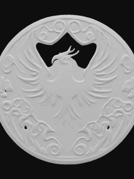 3D model for A magical fantasy emblem forged from dark obsidian and glowing crimson crystal, shaped like a fiery phoenix in mid-flight with outstretched wings forming a symmetrical crest. The surface is etched with ancient flame runes, softly pulsating with a red-orange glow. The center holds a levitating ember orb, radiating magical heat. Designed as a sacred relic of a fire-wielding order, it symbolizes rebirth, destruction, and inner power. The textures blend molten lava veins with metallic accents, in a semi-realistic 3D stylized style, ready for 3D modeling and animation workflows. , #emblem#