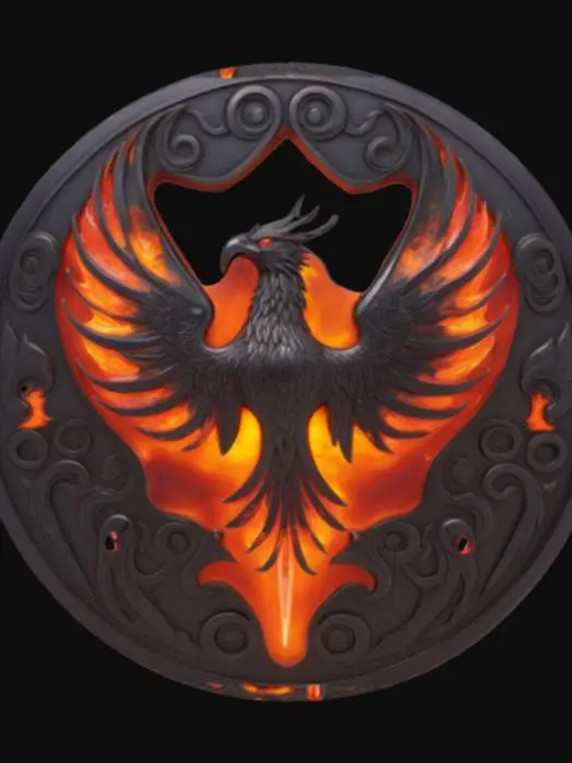 3D model for A magical fantasy emblem forged from dark obsidian and glowing crimson crystal, shaped like a fiery phoenix in mid-flight with outstretched wings forming a symmetrical crest. The surface is etched with ancient flame runes, softly pulsating with a red-orange glow. The center holds a levitating ember orb, radiating magical heat. Designed as a sacred relic of a fire-wielding order, it symbolizes rebirth, destruction, and inner power. The textures blend molten lava veins with metallic accents, in a semi-realistic 3D stylized style, ready for 3D modeling and animation workflows. , #emblem#